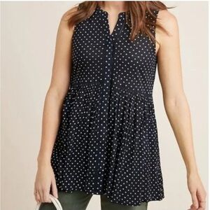 Anthropologie Nia Polka Dot Sleeveless Babydoll Tunic Top Navy Buttons Size XS